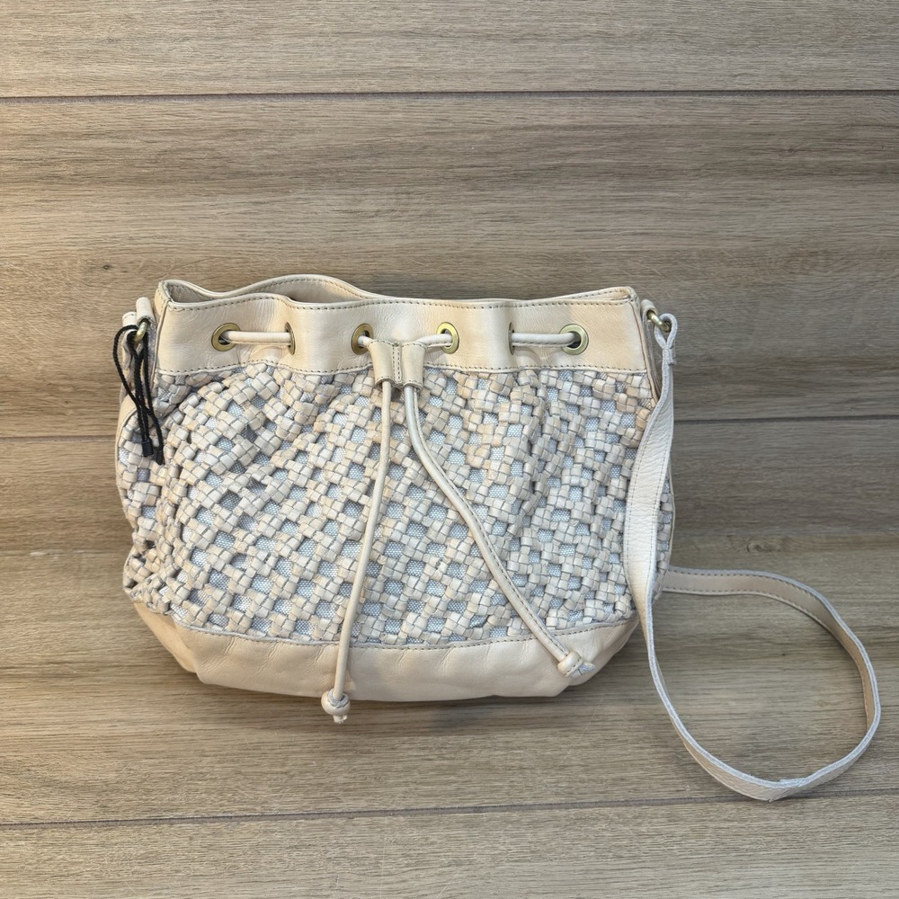 Marta Ponti Portugal Bag Woven Leather Beige Hobo Bucket Crossbody Drawstring
